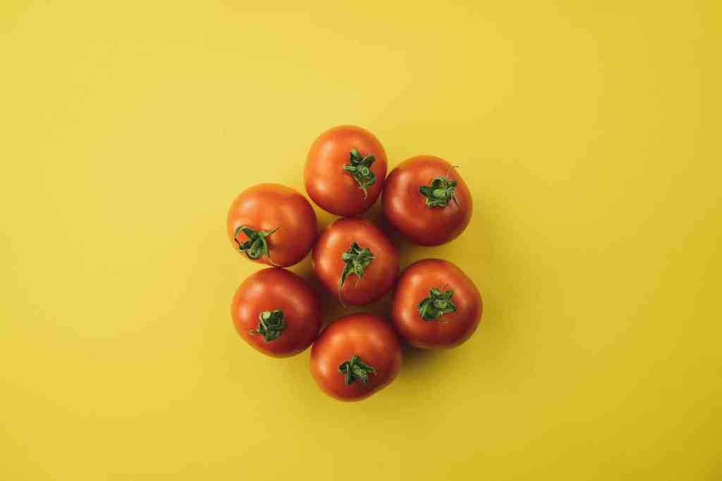 Circle of tomatoes on a yellow background representing a clock timer for the pomodoro technique