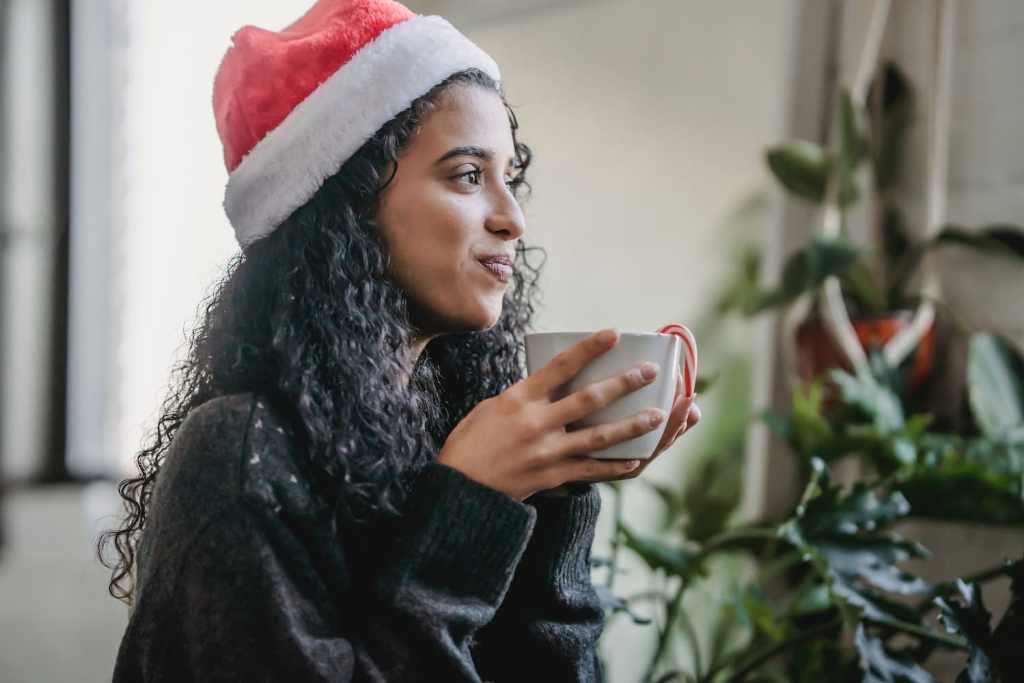 Woman relaxing hot chocolate holidays christmas rest