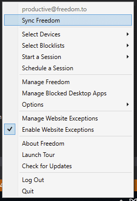 Select the Freedom butterfly icon and select 'Enable Website Exceptions'