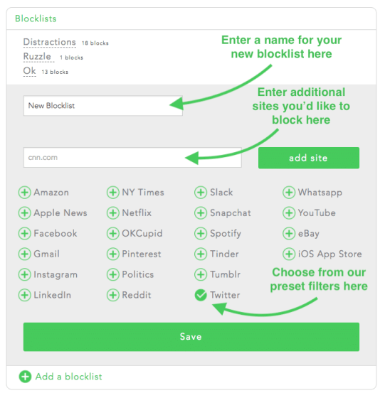 Enter a name for your blocklist and add website and apps to your blocklist