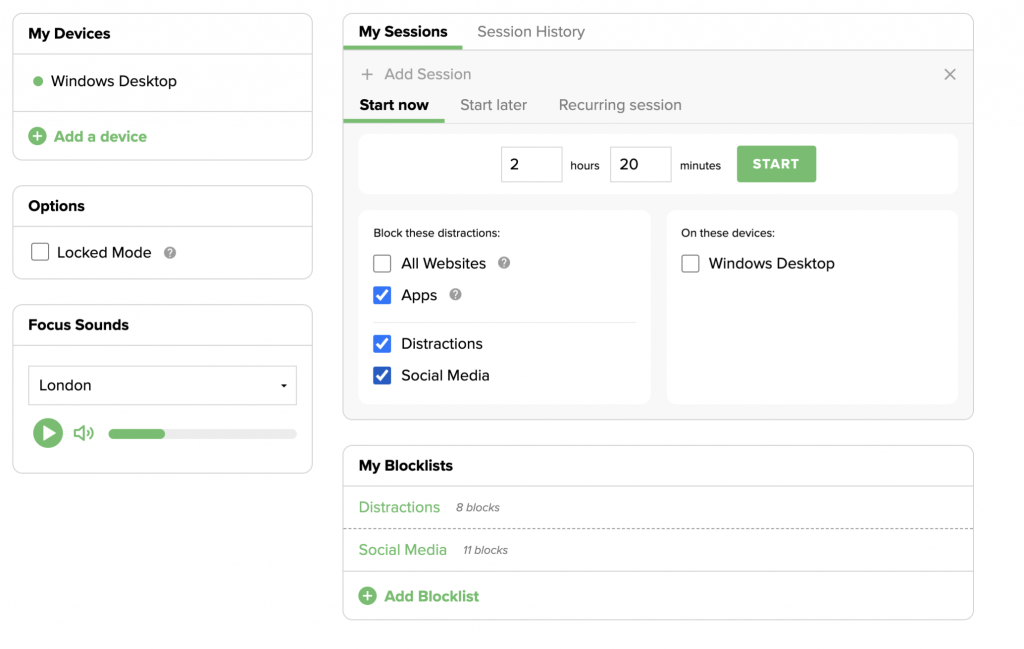 Select session type, select session length, add Apps blocklist, select your devices and start your block session