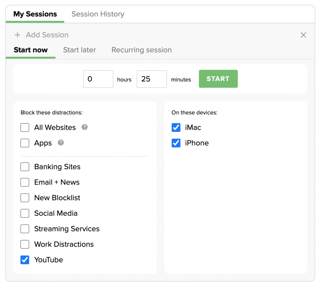 Select youtube blocklist and devices to include in your block session